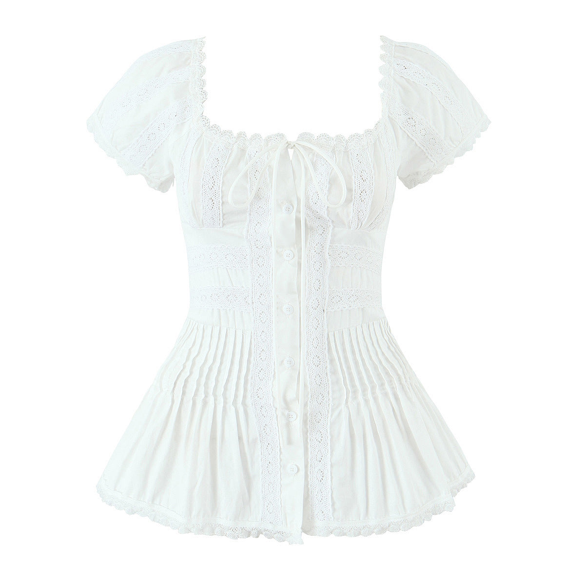 Lace lace square neck slim fit pleated top for women