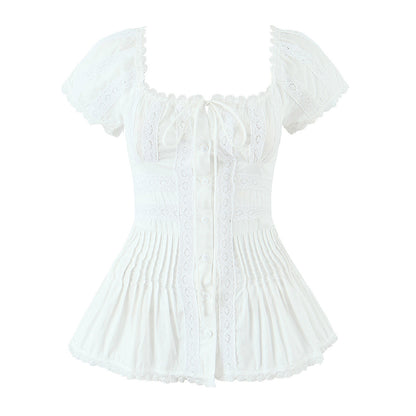 Lace lace square neck slim fit pleated top for women