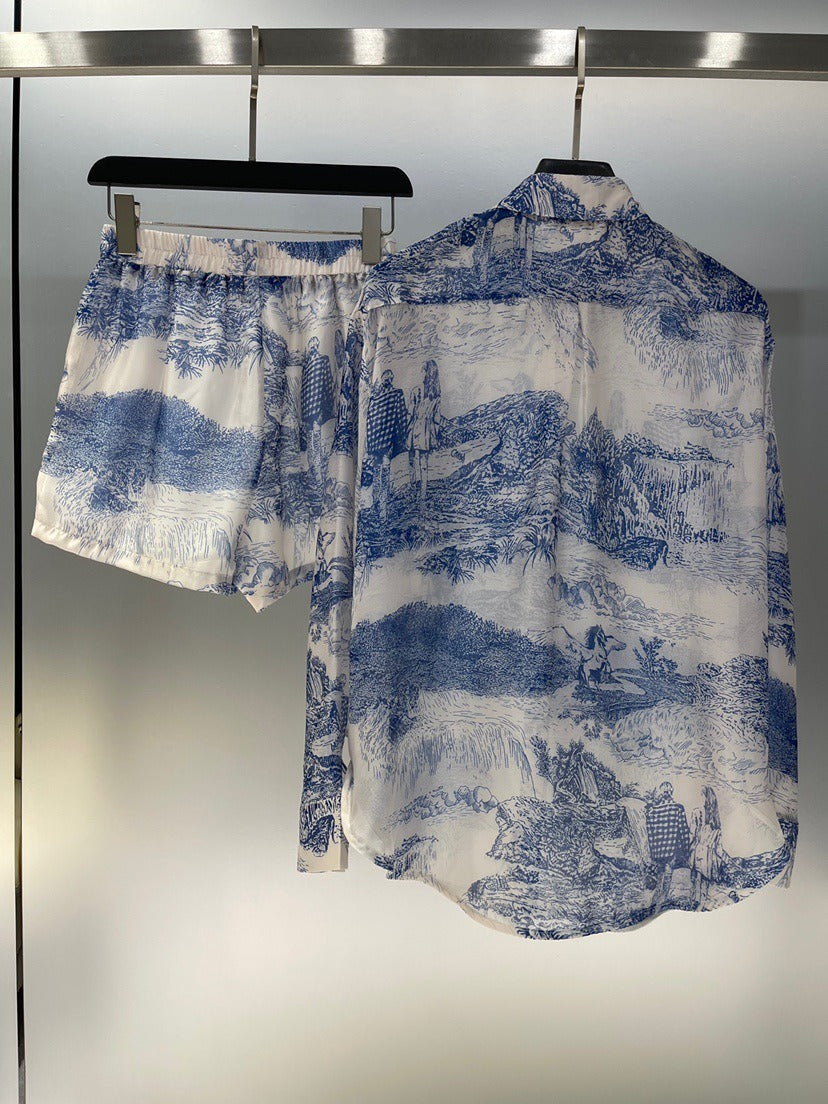 Two Piece Sets For Women Lapel Long Sleeve Spliced Button Shirts High Waist Shorts Summer Set Female New