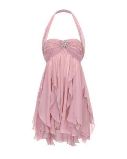 Chiffon Printed French Halter Noble Fairy Dress Holiday Wind Sexy Backless Short Skirt