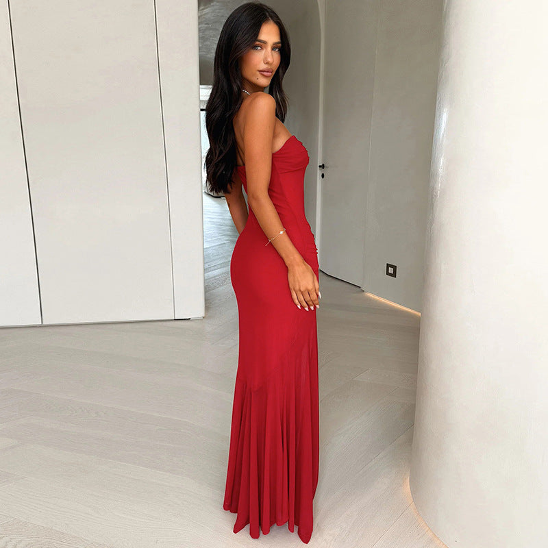 Women's Pure Color Sleeveless Backless Fitted Pencil Pleated Halter Long Dress