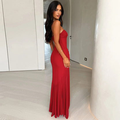 Women's Pure Color Sleeveless Backless Fitted Pencil Pleated Halter Long Dress