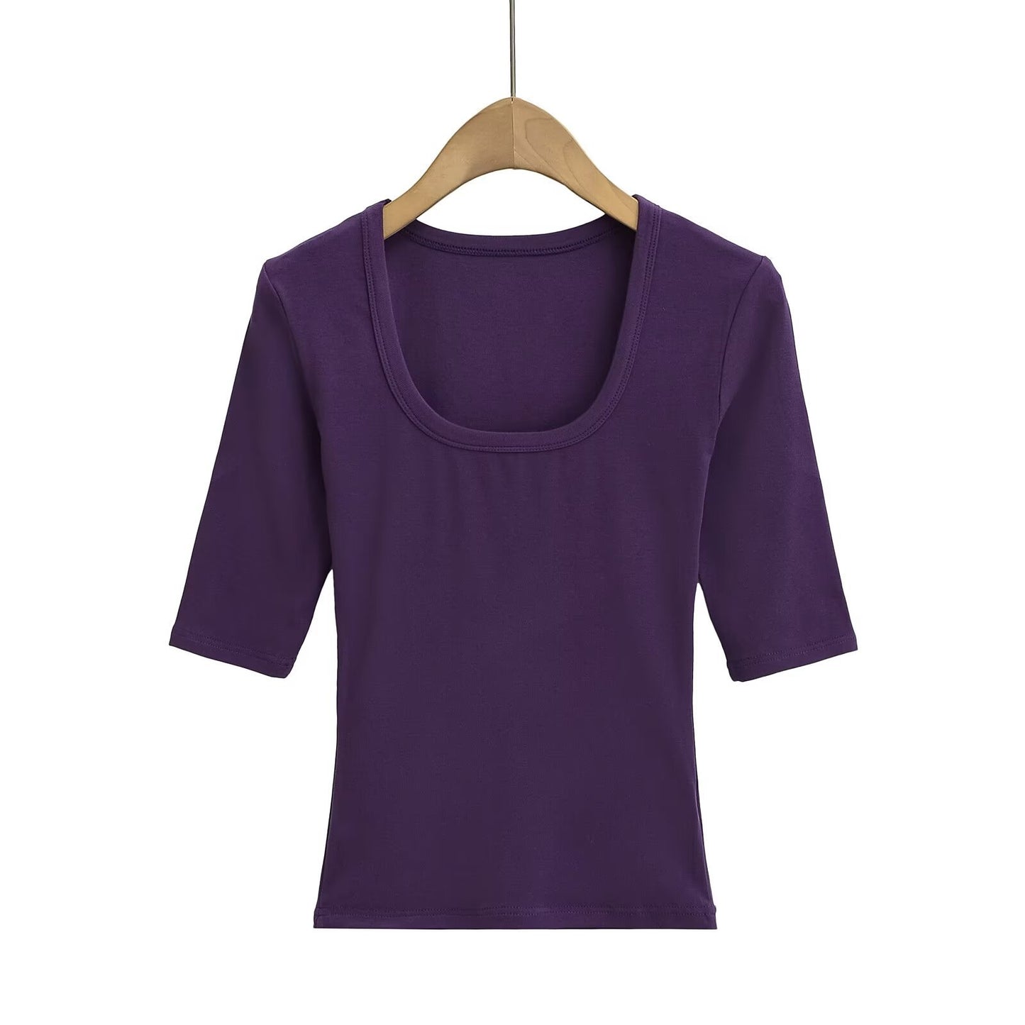 Elastic Fitted U-neck Lockbone Mid-sleeve Tee Shirt