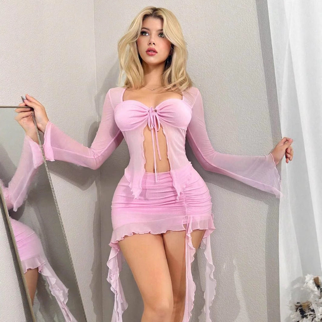 Mesh hollow long sleeved summer skirt two-piece set