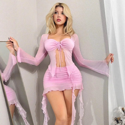 Mesh hollow long sleeved summer skirt two-piece set