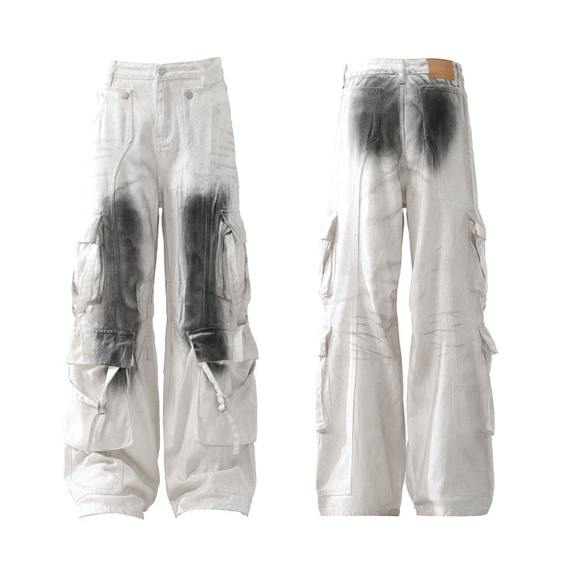 Trendy High Street Design Spray Ink Ribbon Dirty Denim Pants Men's Retro Vibe Style Unique Wide Leg Work Trousers