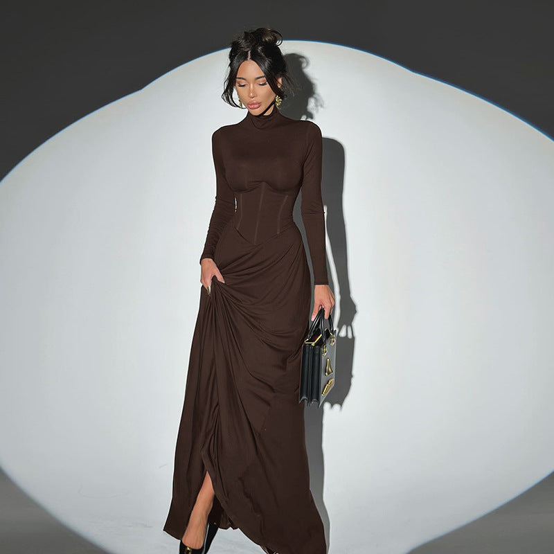 High Neck Waist-Cinched Slit Dress Half-High Neck Long Sleeve Dress