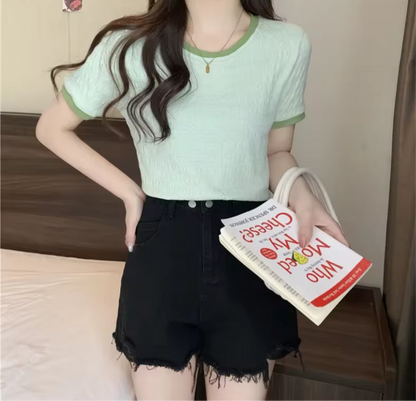 Style Short T-Shirt Women's Slim Fit Korean Version Base Layer with Wooden Edge Half Sleeve Top