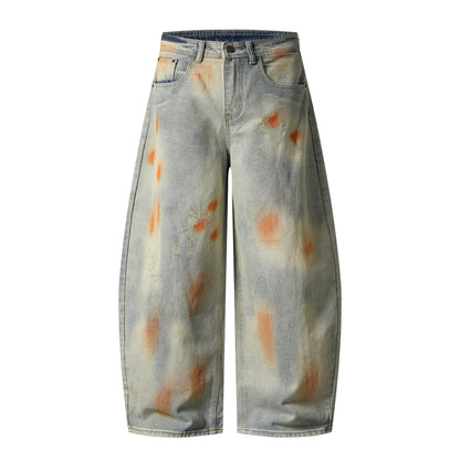 Retro Washed Distressed Unique Design Flared Denim Pants Unisex Loose Wide Leg Casual Long Trousers