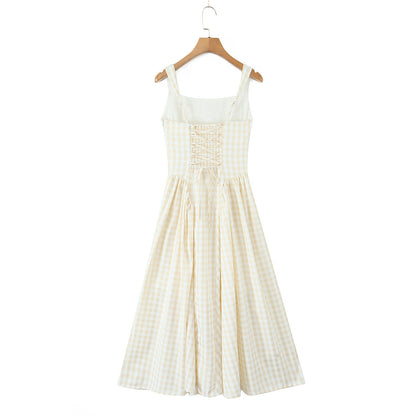 Plaid Elastic Waist Slim Fit Flared Strapless Long Dress