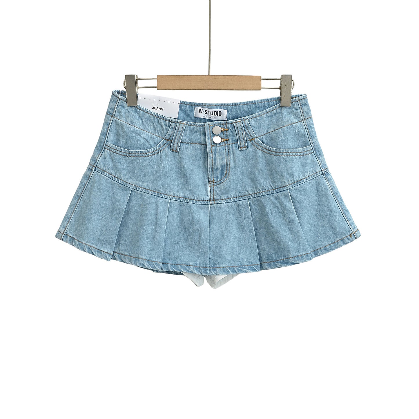 High-Waisted Leg-Lengthening Washed Vintage Two-Button Denim Pleated A-Line Mini Skirt