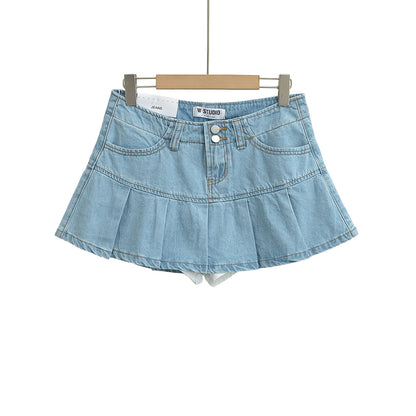 High-Waisted Leg-Lengthening Washed Vintage Two-Button Denim Pleated A-Line Mini Skirt