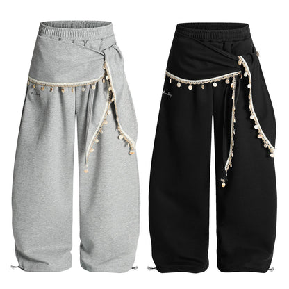 Lace fart curtain layered on sweatpants