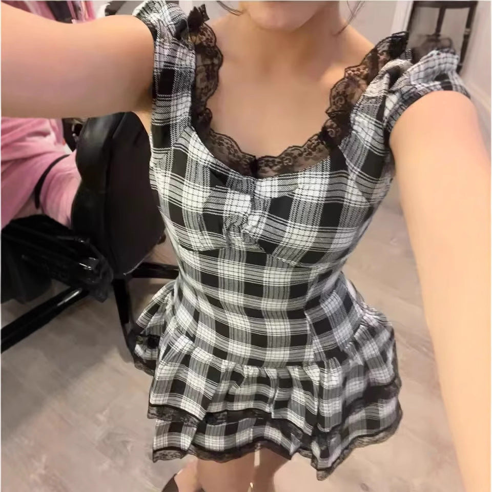 Short Sleeve Lace Retro Fashion Slim Waist-Cinching Versatile Plaid Dress