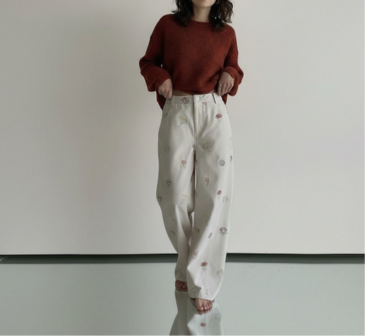 Sweet and Lovely Embroidered White Straight Loose Denim Pants for Women