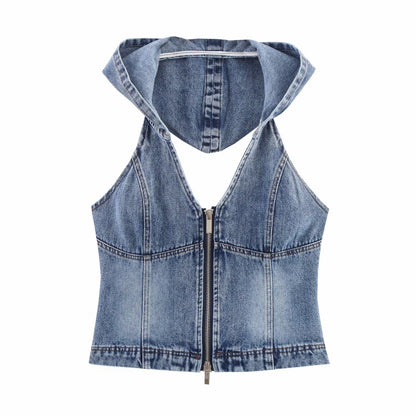 Women's Hollow Back Hooded Denim Shirt