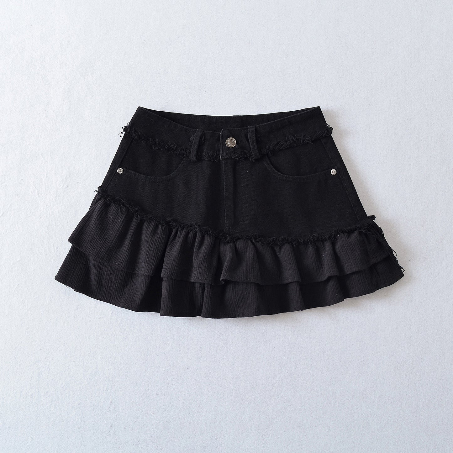 High Waist Washed Raw Hem Denim Spliced Skirt with Lining A-Line Mini Skirt