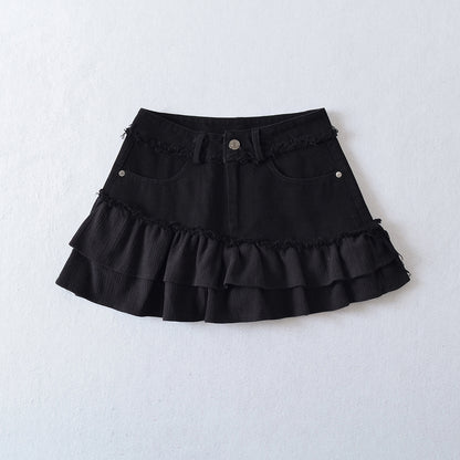 High Waist Washed Raw Hem Denim Spliced Skirt with Lining A-Line Mini Skirt