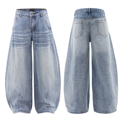 Washed Wide Leg Tapered Jeans Unisex Loose Slimming Long Pants