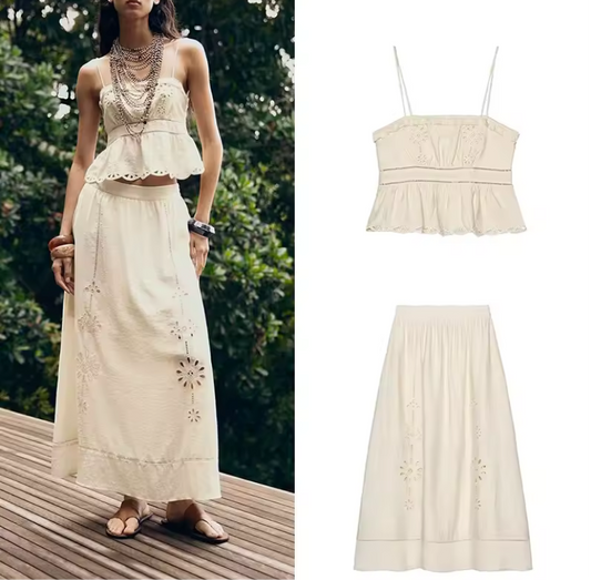 Embroidered short suspender+Embroidered skirt set for women