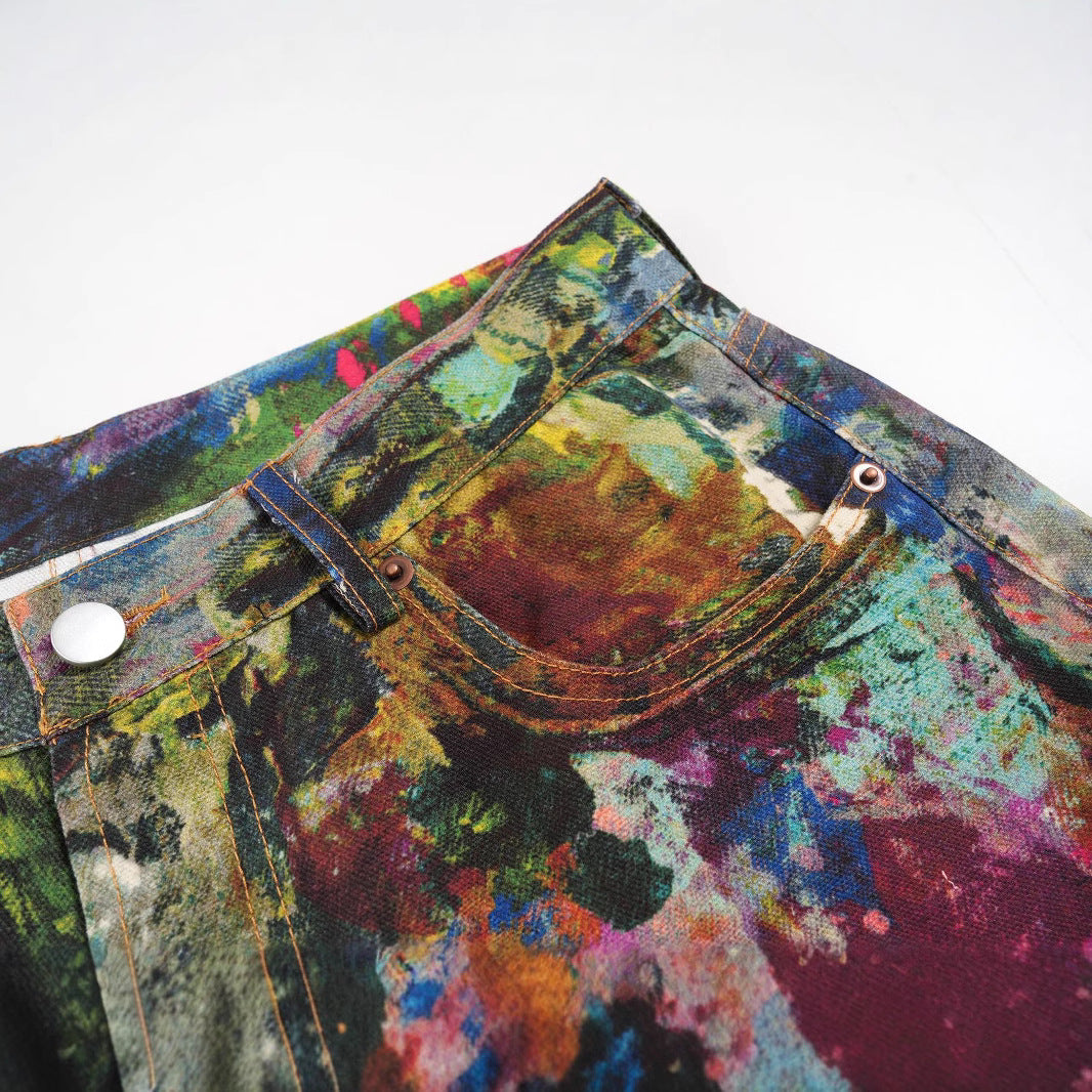 Retro Heavy-Work Design Visual Illusion Print Paint Coating Straight Loose Wide-Leg Jeans for Men and Women