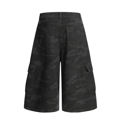 Camouflage Multi-Pocket Ribbon Workwear Capri Pants Unisex Loose Casual Wide-Leg Mid-Length Trousers