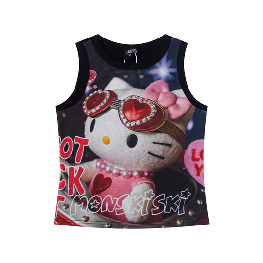 Kitty Cat Full Print Elastic Tank Top Women Slim Spicy Girl Undershirt Sleeveless Outerwear
