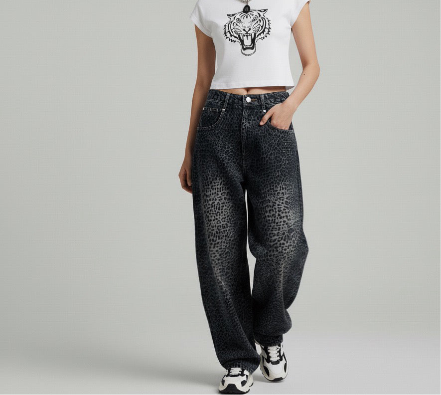 Leopard print jeans men's and women's loose casual pants