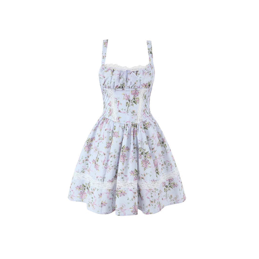 Lace V-neck printed suspender irregular dress short skirt