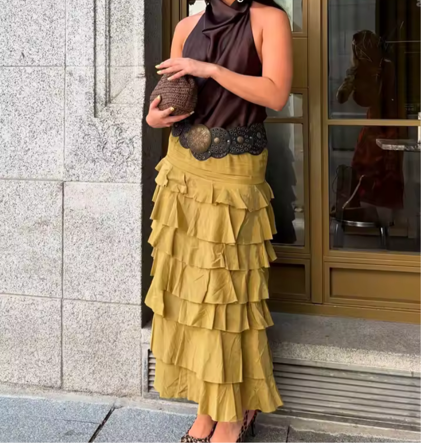 Women's Clothing INS Casual Versatile Layered Decorative Midi Skirt