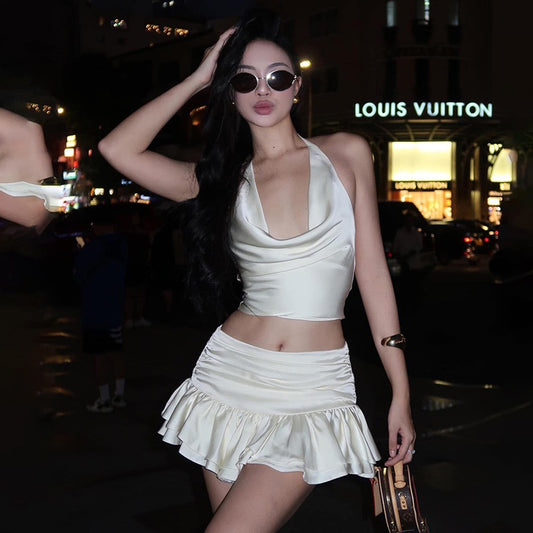 Solid color halter top high waisted skirt set for women