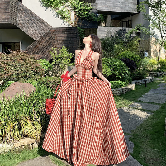 Plaid Vacation Handmade Flower Tie Strapless Dress for Women Spring Summer