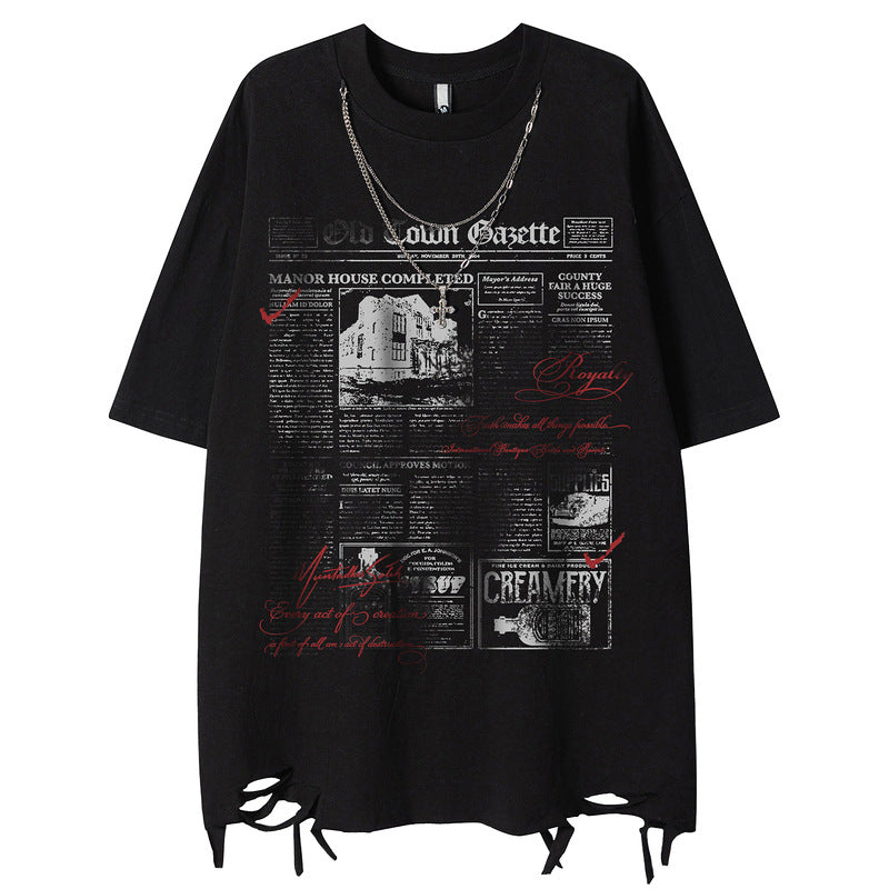 Short Sleeve T-Shirt with Ripped Hem and Chain for Men's Dance