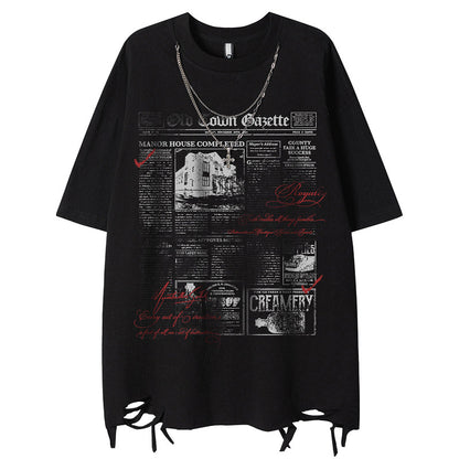 Short Sleeve T-Shirt with Ripped Hem and Chain for Men's Dance