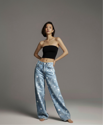 Washed Rhinestone Star Print Jeans