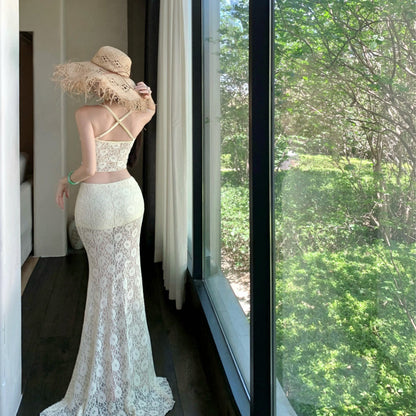 Charming Off-White Fitted Sheer Lace Strapless Skirt Set