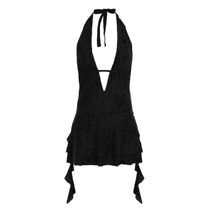 Streetwear Wasteland Style Sexy Off-the-Shoulder Irregular Strapless Backless Dress Deep V-Neck Distressed Mini Skirt