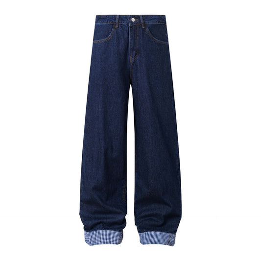 Color Block Letter Embroidery Denim Pants Unisex Loose Wide Leg Straight Floor-Length Trousers Wholesale