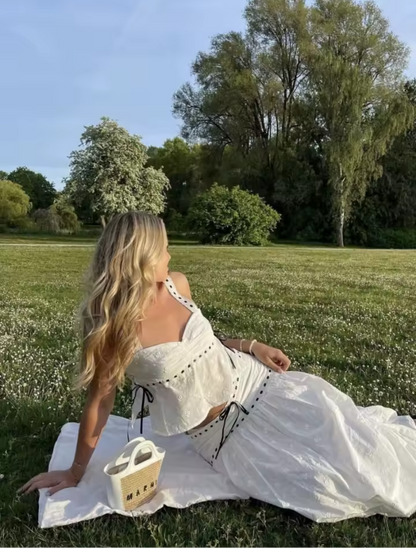 Color blocked lace up suspender+color blocked lace up skirt set for women