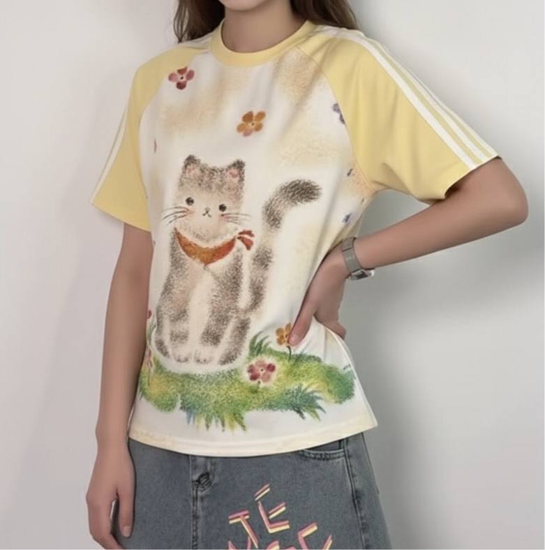 Retro Colorblock Cat Print Short Sleeve T-Shirt Women's Summer Raglan Slim Fit Cropped Spicy Top