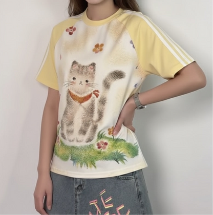 Retro Colorblock Cat Print Short Sleeve T-Shirt Women's Summer Raglan Slim Fit Cropped Spicy Top