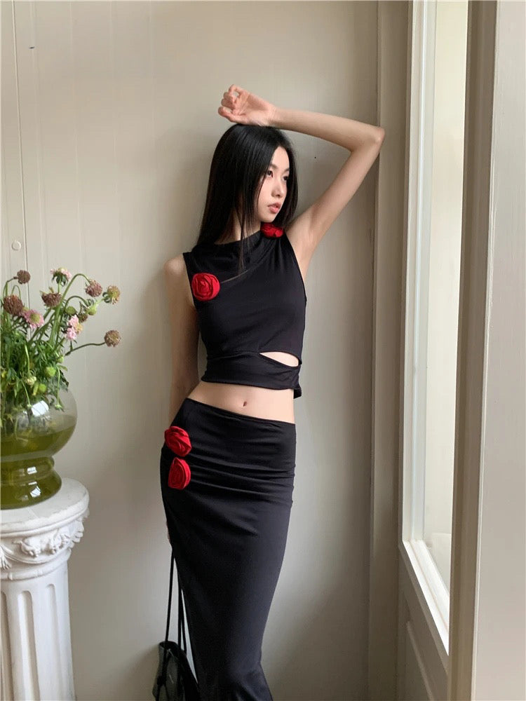 Black dress set women's irregular hollow vest+low waist long skirt two-piece set