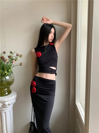 Black dress set women's irregular hollow vest+low waist long skirt two-piece set