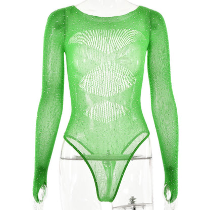 High elasticity knitted see through long sleeved hollow hot stamping jumpsuit for women