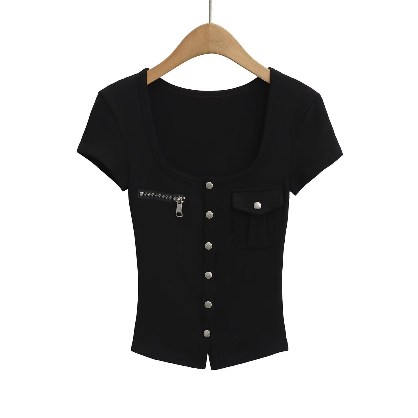 Short sleeved top U-neck slim fit T-shirt