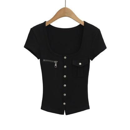 Short sleeved top U-neck slim fit T-shirt