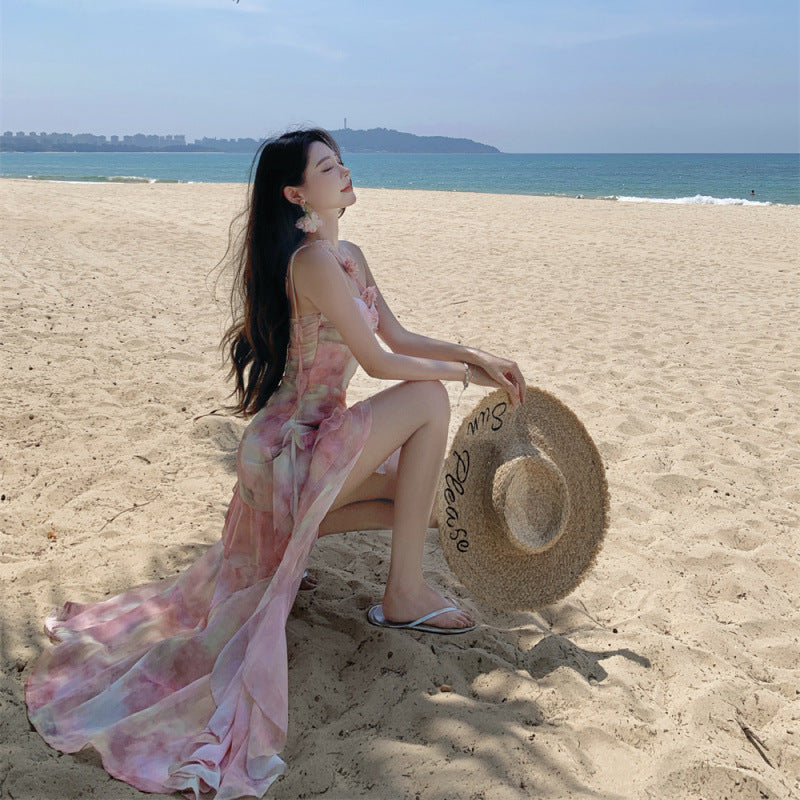 Vacation Style Irregular Hem Leaf Edge Short Dress Women's Strapless Dress
