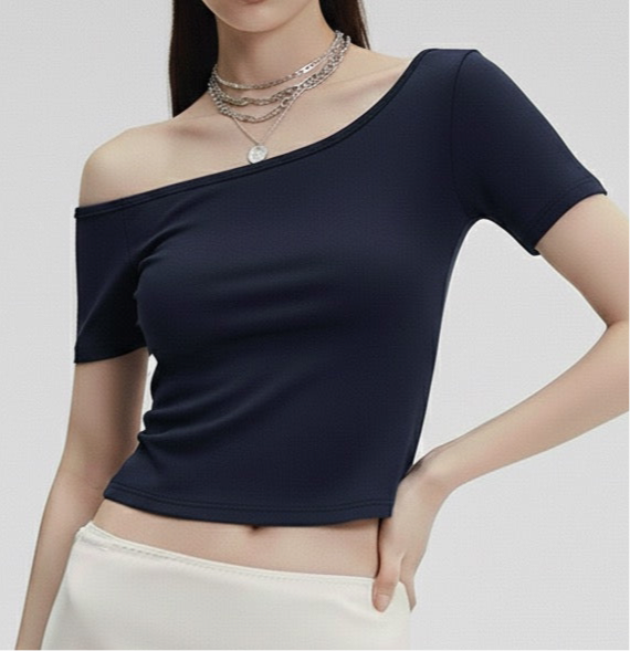 Style Solid Color Off-the-Shoulder Short Sleeve T-Shirt for Women, Slim Fit Short Length Half-Sleeve Top
