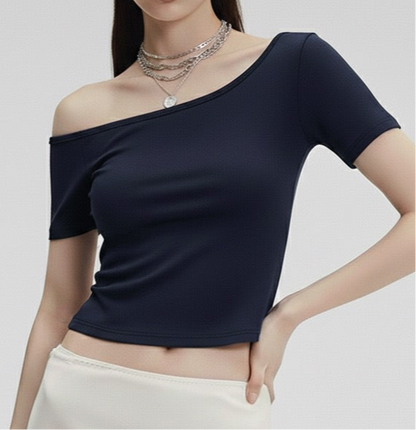 Style Solid Color Off-the-Shoulder Short Sleeve T-Shirt for Women, Slim Fit Short Length Half-Sleeve Top
