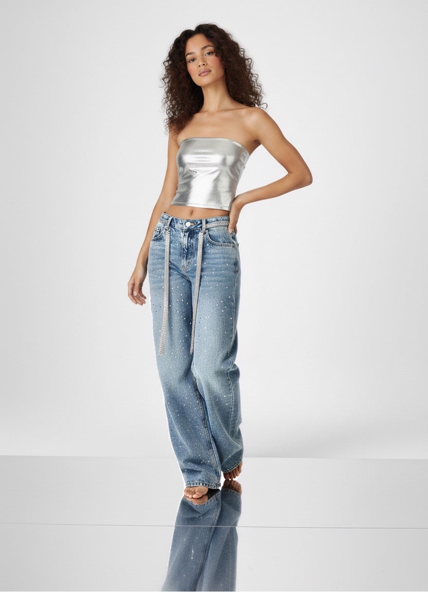 Washed loose wide leg printed jeans with a full diamond drop design straight leg pants